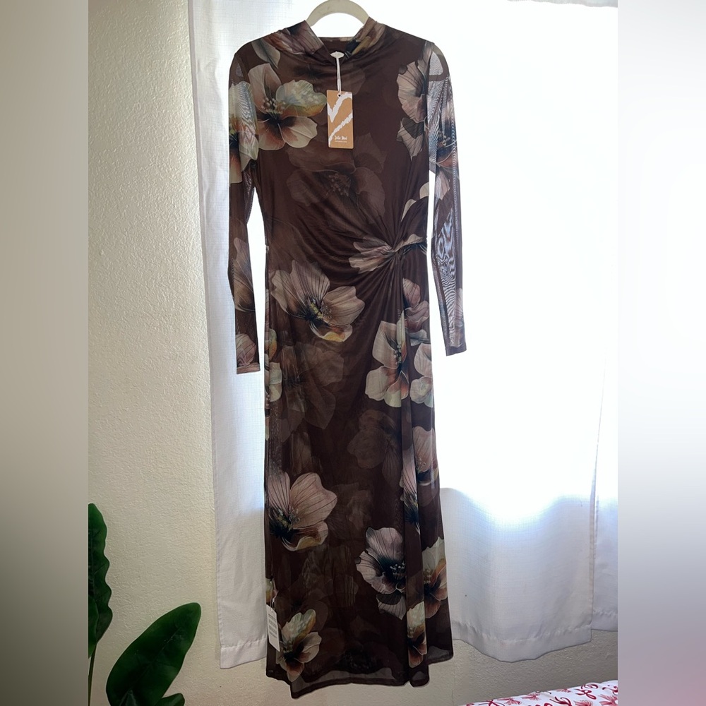 Jolie Moi Brown High Neck Long Sleeve Mesh Maxi Dress - Picture 8 of 9